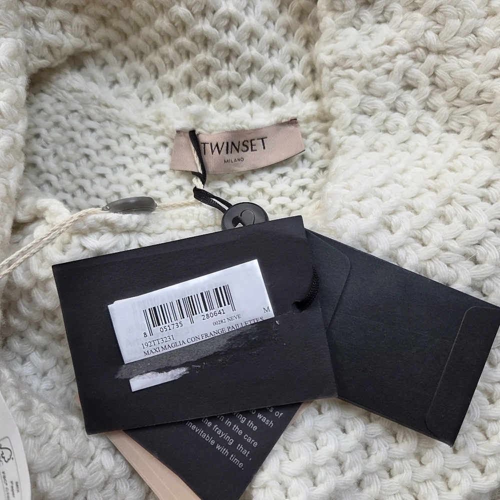 NWT Twinset‎ Milano Fringe Knit Sweater M Ivory Chunky Cable Knit Cowl Neck